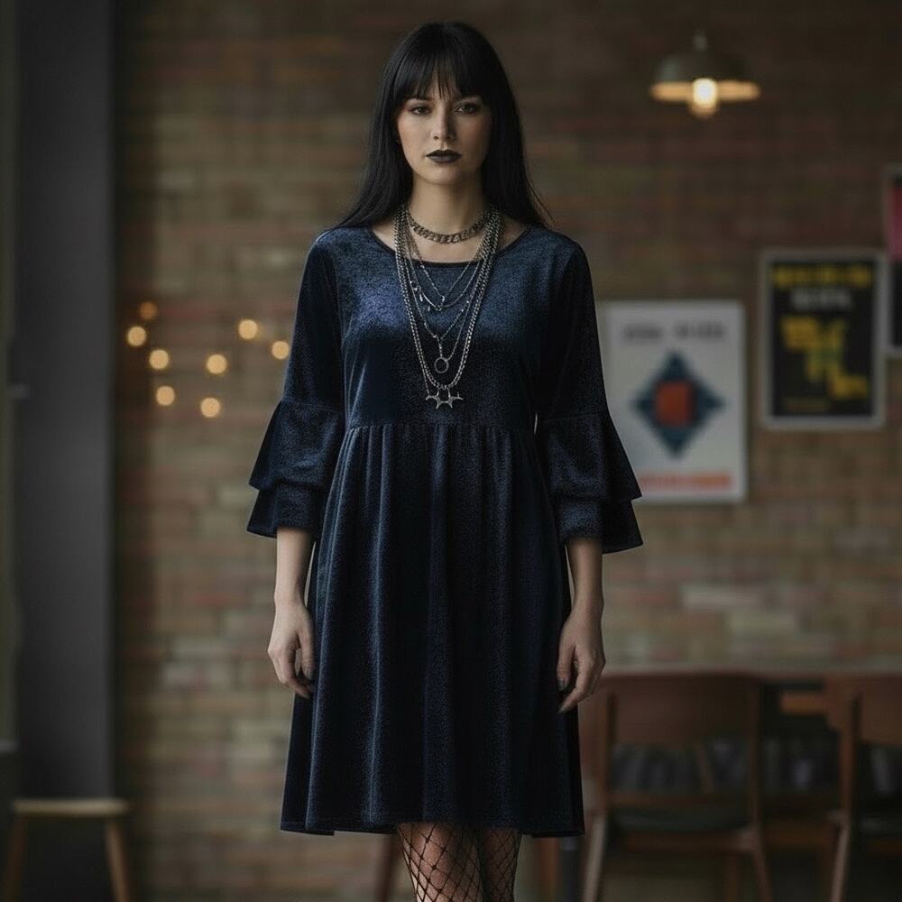 Velvet Dress Flared Tiered Sleeves Whimsy Goth